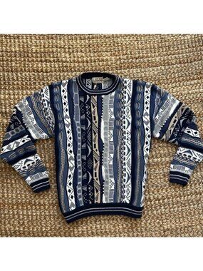 Vintage Cotton Traders 3D Knit Sweater Mens Medium Blue Chunky Cable Coogi Style